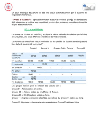 Un cours théorique d’ouverture est dès lors calculé automatiquement par le système de
négociation électronique.
* Phase d’ouverture : après détermination du cours d’ouverture (fixing), les transactions
déjà saisies dans le système sont exécutées à ce cours. Les ordres non exécutés sont reportés
au jour de bourse suivant.
5.3. Le multi fixing
La séance de cotation au multifixing applique la même méthode de cotation que le fixing
avec, toutefois, une seule différence : l’existence de trois ouvertures.
Les horaires de cotation des valeurs mobilières sur le système de cotation électronique sont
fixés du lundi au vendredi comme suit29 :
Groupe 1 Groupe 3 Groupes 6 et 8 Groupe 11 Groupe13
Début de
séance/Pré-
Ouverture
09h00 09h00 09h00 09h00 09h00
1ère ouverture 09h30 11h00 14h30 14h30 15h15
2ème overtures - 13h00 - - -
3me overtures - 15h00 - - -
Pré-clôture 15h20 - - - -
Cloture 15h30 - - - -
Cotation au
dernier cours
15h30-
15h40 - - - -
Fin de séance 15h40 15h30 15h30 15h30 15h30
Les groupes retenus pour la cotation des valeurs sont :
Groupe 01 : Actions cotées en continu.
Groupe 03 : Actions cotées au multifixing (3 fixings).
Groupes 06 et 08 : Obligations cotées au fixing.
Groupe 11 : Lignes secondaires rattachées aux valeurs du Groupe 01 cotées au fixing.
Groupe 13 : Lignes secondaires rattachées aux valeurs du Groupe 03 cotées au fixing.
 