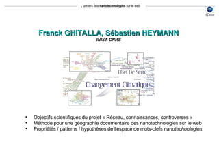 L’univers des  nanotechnologies  sur le web Franck GHITALLA, Sébastien HEYMANN INIST-CNRS ,[object Object],[object Object],[object Object]