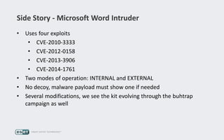 Side Story - Microsoft Word Intruder
• Uses four exploits
• CVE-2010-3333
• CVE-2012-0158
• CVE-2013-3906
• CVE-2014-1761
• Two modes of operation: INTERNAL and EXTERNAL
• No decoy, malware payload must show one if needed
• Several modifications, we see the kit evolving through the buhtrap
campaign as well
 