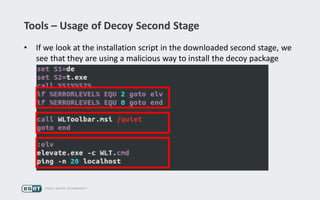 Tools – Usage of Decoy Second Stage
• If we look at the installation script in the downloaded second stage, we
see that they are using a malicious way to install the decoy package
 