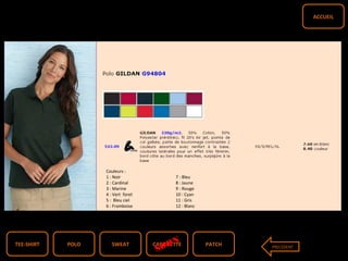 TEE-SHIRT PATCHCASQUETTESWEATPOLO PRECEDENT
ACCUEIL
Couleurs :
1 : Noir 7 : Bleu
2 : Cardinal 8 : Jaune
3 : Marine 9 : Rouge
4 : Vert foret 10 : Cyan
5 : Bleu ciel 11 : Gris
6 : Framboise 12 : Blanc
SOON
 