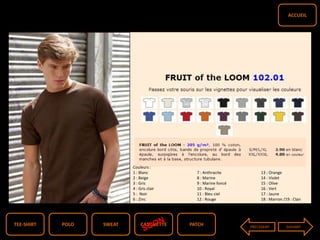 T2
TEE-SHIRT PATCHCASQUETTESWEATPOLO PRECEDENT SUIVANT
ACCUEIL
Couleurs :
1 : Blanc 7 : Anthracite 13 : Orange
2 : Beige 8 : Marine 14 : Violet
3 : Gris 9 : Marine foncé 15 : Olive
4 : Gris clair 10 : Royal 16 : Vert
5 : Noir 11 : Bleu ciel 17 : Jaune
6 : Zinc 12 : Rouge 18 : Marron /19 : Clair
 