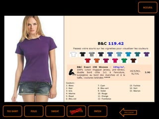T3
TEE-SHIRT PATCHCASQUETTESWEATPOLO PRECEDENT
ACCUEIL
Couleurs :
1 : Blanc 7 : Cyan 13 : Fuchsia
2 : Noir 8 : Bleu vert 14 : Vert
3 : Gris 9 : Violet 15 : Marron
4 : Marine 10 : Rouge
5 : Royal 11 : Orange
6 : Bleu ciel 12 : Framboise
 