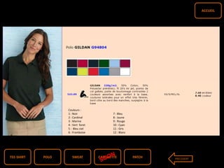 TEE-SHIRT PATCHCASQUETTESWEATPOLO PRECEDENT
ACCUEIL
Couleurs :
1 : Noir 7 : Bleu
2 : Cardinal 8 : Jaune
3 : Marine 9 : Rouge
4 : Vert foret 10 : Cyan
5 : Bleu ciel 11 : Gris
6 : Framboise 12 : Blanc
 