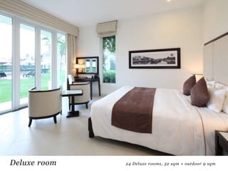 Deluxe room

24 Deluxe rooms, 32 sqm + outdoor 9 sqm

 