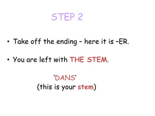 STEP 2
• Take off the ending – here it is –ER.
• You are left with THE STEM.
‘DANS’
(this is your stem)
 