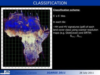 S01 E09 (Gabon) 1990 2000 Classification scheme: 5 ˚ x 5˚ tiles In each tile: HH and HV signatures (pdf) of each land cover class using coarser resolution maps (e.g. GlobCover) and SRTM:  S HH,c  ,  S HV,c CLASSIFICATION 