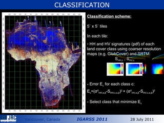 S01 E09 (Gabon) 1990 2000 Classification scheme: 5 ˚ x 5˚ tiles In each tile: HH and HV signatures (pdf) of each land cover class using coarser resolution maps (e.g. GlobCover) and SRTM:  S HH,c  ,  S HV,c Error E c  for each class c: E c =( σ 0 HH, α , β -S HH,c, α , β ) 2  +  ( σ 0 HV, α , β -S HV,c, α , β ) 2 - Select class that minimize E c   CLASSIFICATION 