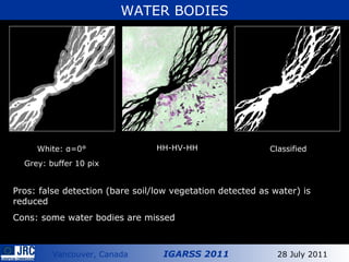 WATER BODIES HH-HV-HH White:  α =0° Grey: buffer 10 pix Classified Pros: false detection (bare soil/low vegetation detected as water) is reduced Cons: some water bodies are missed 