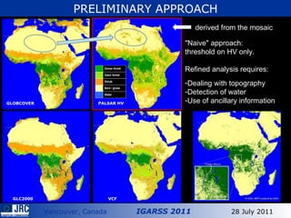 VCF GLC2000 GLOBCOVER PALSAR HV derived from the mosaic "Naive" approach:  threshold on HV only. Refined analysis requires: Dealing with topography Detection of water Use of ancillary information PRELIMINARY APPROACH 