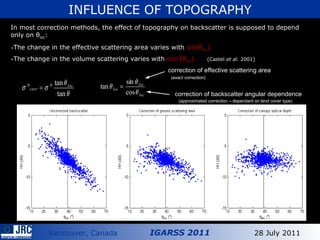 correction of effective scattering area  correction of backscatter angular dependence  (exact correction) (approximated correction – dependant on land cover type) INFLUENCE OF TOPOGRAPHY In most correction methods, the effect of topography on backscatter is supposed to depend only on  θ loc : The change in the effective scattering area varies with  sin( θ loc ) The change in the volume scattering varies with  cos n ( θ loc )   (Castel  et al.  2001) 