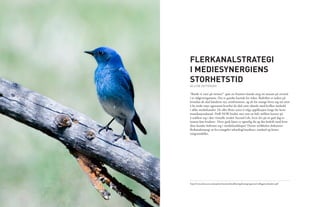 FLERKANALSTRATEGI
I MEDIESYNERGIENS
STORHETSTID
AV LENE PETTERSEN

”Burde vi være på twitter?” spør en frustrert kunde meg ett minutt på overtid
i et rådgivningsmøte. Det er ganske kaotisk for tiden. Bedrifter er usikre på
hvordan de skal håndtere nye nettfenomen, og alt for mange hiver seg uti uten
å ha tenkt nøye igjennom hvorfor de skal være tilstede med hvilket innhold
i ulike mediekanaler. De aller fleste synes å velge applikasjon lenge før kom-
munikasjonskanal. DnB NOR brukte mer enn en halv million kroner på
å etablere seg i den virtuelle verden Second Life, hvor det på en god dag er
innom fem brukere1. Hvor godt kjent er egentlig du og din bedrift med hvor
dine kunder befinner seg i medielandskapet? Denne artikkelen diskuterer
flerkanalstrategi ut fra triangelet teknologi/medium, marked og forret-
ningsmodeller.




1
http://www.admin.uio.no/prosjekter/nyuioweb/publiseringslosning/rapporter/vedlegg/trendanalyse.pdf
 