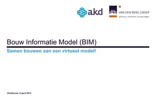 Bouw Informatie Model (BIM)
Samen bouwen aan een virtueel model!




Eindhoven, 9 april 2013
 