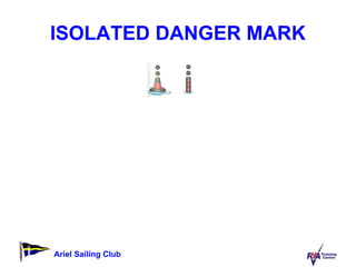 ISOLATED DANGER MARK Black and red horizontal stripes + 2 black balls On top of a danger Use chart to determine size of danger before passing close Flashes in groups of 2 white at night. 