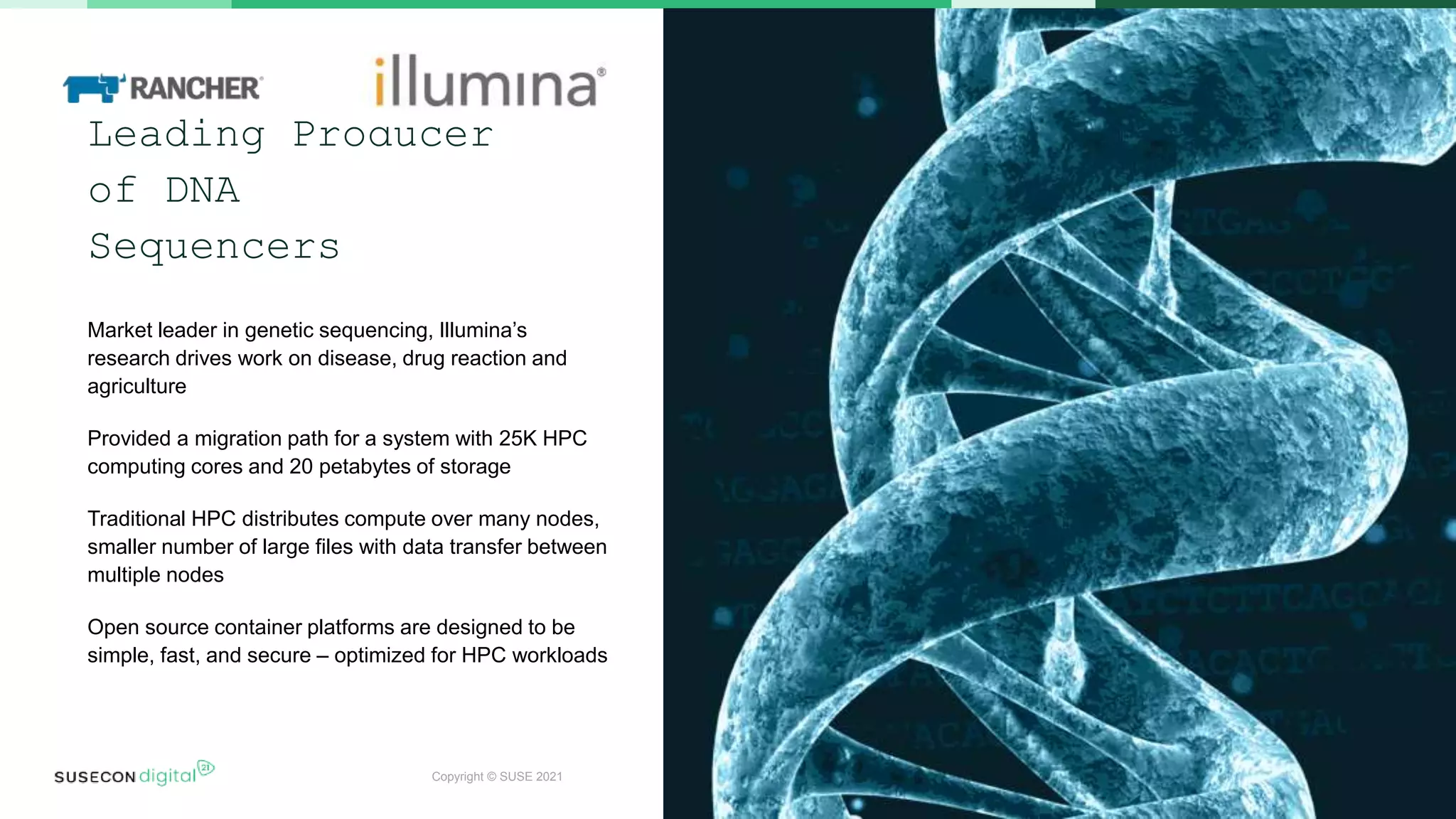 Copyright © SUSE 2021
Leading Producer
of DNA
Sequencers
Market leader in genetic sequencing, Illumina’s
research drives work on disease, drug reaction and
agriculture
Provided a migration path for a system with 25K HPC
computing cores and 20 petabytes of storage
Traditional HPC distributes compute over many nodes,
smaller number of large files with data transfer between
multiple nodes
Open source container platforms are designed to be
simple, fast, and secure – optimized for HPC workloads
 
