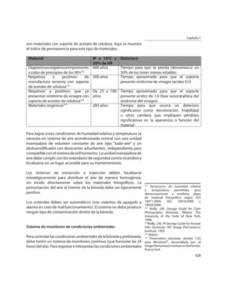 Capítulo 7
son materiales con soporte de acetato de celulosa. Aquí se muestra
el índice de permanencia para este tipo de materiales:

 Material                                IP a 10ºC y Deterioro
                                         30% de HR
 Diapositivas negativos e impresiones 600 años       Tiempo para que se pierda (desvanezca) un
 a color de principios de los 90’s272                30% de los tintes menos estables
 Negativos      y     positivos       de 300 años    Tiempo aproximado para que el soporte
 manufactura reciente con soporte                    presente síndrome de vinagre (acidez 0.5)
 de acetato de celulosa 273

 Negativos y positivos que ya De 25 a 100 Tiempo aproximado para que el soporte
 presentan síndrome de vinagre con años              presente acidez de 1.0 (fase autocatalítica del
 soporte de acetato de celulosa274                   síndrome del vinagre)
 Materiales orgánicos275                 283 años    Tiempo para que ocurra un deterioro
                                                     signiﬁcativo como decoloración, friabilidad
                                                     u otros cambios que impliquen pérdidas
                                                     signiﬁcativas en la apariencia o función del
                                                     material

Para lograr estas condiciones de humedad relativa y temperatura se
necesita un sistema de aire acondicionado central con una unidad
manejadora de volumen constante de aire tipo “todo-aire” y un
deshumidiﬁcador con desecantes adsorbentes, independiente pero
compatible con el sistema de enfriamiento. La unidad manejadora de
aire debe cumplir con los estándares de seguridad contra incendios y
localizarse en un lugar accesible para su mantenimiento.

Los sistemas de extracción e inyección deben localizarse
estratégicamente para distribuir el aire de manera homogénea,
sin incidir directamente sobre los materiales fotográﬁcos. La
presurización del aire al interior de la bóveda debe ser ligeramente
                                                                     271
                                                                         Variaciones de humedad relativa
                                                                     y    temperatura   permitidas para
positiva.                                                            almacenamiento a mediano plazo
                                                                           de material fotográﬁco según ISO
Los controles deben ser automáticos (con sistemas de apagado y             18911:2000,         ISO     18918:2000      y
                                                                           18920:2000.
alarma en caso de mal funcionamiento). El sistema no debe producir         272
                                                                                Reilly, J.M. Storage Guide for Color
ningún tipo de contaminación dentro de la bóveda.                          Photographic Materials. Albany: The
                                                                           University of the State of New York,
                                                                           1998.
                                                                           273
                                                                              Reilly, J.M. IPI Storage Guide for Acetate
Sistema de monitoreo de condiciones ambientales                            Film. Rochester, NY: Image Permanence
                                                                           Institute, 1993.
                                                                           274
                                                                               Ibidem.
Para controlar las condiciones ambientales de la bóveda y prebóveda,       275
                                                                                Preservation calculator versión 1.03
debe existir un sistema de monitoreo continuo (que funcione las 24         para Windows®, desarrollada por el
horas del día). Para registrar e interpretar las condiciones ambientales   Image Permanence Institute en Rochester,
                                                                           Nueva York.
                                                                                                                   125
 