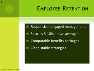 Employee Retention Responsive, engaged management Salaries 5-10% above average Comparable benefits packages Clear, stable strategies 1 Copyright © 2010, Bovée and Thill LLC 