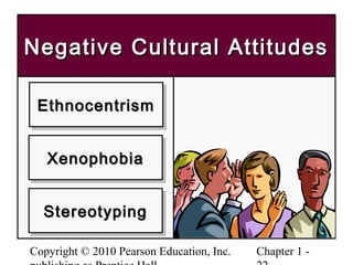 Copyright © 2010 Pearson Education, Inc. Chapter 1 -
Negative Cultural AttitudesNegative Cultural Attitudes
EthnocentrismEthnocentrismEthnocentrismEthnocentrism
XenophobiaXenophobiaXenophobiaXenophobia
StereotypingStereotypingStereotypingStereotyping
 