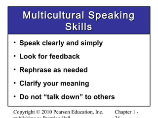 Copyright © 2010 Pearson Education, Inc. Chapter 1 -
Multicultural SpeakingMulticultural Speaking
SkillsSkills
• Speak clearly and simply
• Look for feedback
• Rephrase as needed
• Clarify your meaning
• Do not “talk down” to others
 