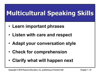 Copyright © 2010 Pearson Education, Inc. publishing as Prentice Hall Chapter 1 - 27
Multicultural Speaking Skills
• Learn important phrases
• Listen with care and respect
• Adapt your conversation style
• Check for comprehension
• Clarify what will happen next
 