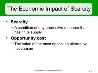 The Economic Impact of Scarcity
• Scarcity
 A condition of any productive resource that
has finite supply
• Opportunity cost
 The value of the most appealing alternative
not chosen
Copyright © 2017 Pearson Education, Inc. 2-11
 