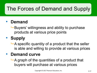 The Forces of Demand and Supply
• Demand
 Buyers’ willingness and ability to purchase
products at various price points
• Supply
 A specific quantity of a product that the seller
is able and willing to provide at various prices
• Demand curve
 A graph of the quantities of a product that
buyers will purchase at various prices
Copyright © 2017 Pearson Education, Inc. 2-17
 