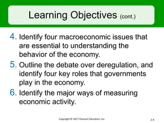 Learning Objectives (cont.)
4. Identify four macroeconomic issues that
are essential to understanding the
behavior of the economy.
5. Outline the debate over deregulation, and
identify four key roles that governments
play in the economy.
6. Identify the major ways of measuring
economic activity.
Copyright © 2017 Pearson Education, Inc. 2-4
 