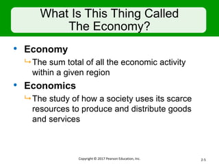 What Is This Thing Called
The Economy?
• Economy
 The sum total of all the economic activity
within a given region
• Economics
 The study of how a society uses its scarce
resources to produce and distribute goods
and services
Copyright © 2017 Pearson Education, Inc. 2-5
 
