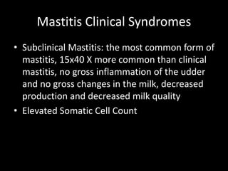 Mastitis Clinical Syndromes
• Subclinical Mastitis: the most common form of
mastitis, 15x40 X more common than clinical
mastitis, no gross inflammation of the udder
and no gross changes in the milk, decreased
production and decreased milk quality
• Elevated Somatic Cell Count
 