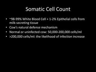Somatic Cell Count
• ~98-99% White Blood Cell + 1-2% Epithelial cells from
milk-secreting tissue
• Cow’s natural defense mechanism
• Normal or uninfected cow: 50,000-200,000 cells/ml
• >200,000 cells/ml: the likelihood of infection increase
 