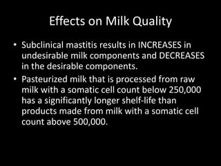 Effects on Milk Quality
• Subclinical mastitis results in INCREASES in
undesirable milk components and DECREASES
in the desirable components.
• Pasteurized milk that is processed from raw
milk with a somatic cell count below 250,000
has a significantly longer shelf-life than
products made from milk with a somatic cell
count above 500,000.
 