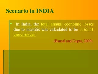 Scenario in INDIA
 In India, the total annual economic losses
due to mastitis was calculated to be 7165.51
crore rupees
(Bansal and Gupta, 2009)
 