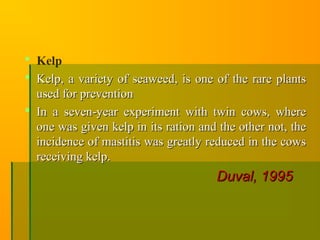 Kelp
 Kelp, a variety of seaweed, is one of the rare plantsKelp, a variety of seaweed, is one of the rare plants
used for preventionused for prevention
 In a seven-year experiment with twin cows, whereIn a seven-year experiment with twin cows, where
one was given kelp in its ration and the other not, theone was given kelp in its ration and the other not, the
incidence of mastitis was greatly reduced in the cowsincidence of mastitis was greatly reduced in the cows
receiving kelp.receiving kelp.
Duval, 1995Duval, 1995
 