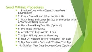 Good Milking Procedures
 1. Provide Cows with a Clean, Stress-Free
Environment
 2. Check Foremilk and Udder for Mastitis
 3. Wash Teats and Lower Surface of the Udder with
a Warm Sanitizing Solution
 4. Use a Premilking Teat Dip (Optional)
 5. Dry Teats Thoroughly
 6. Attach Teat Cups within 1 min.
 7. Adjust Milking Units as Necessary
 8. Shut Off Vacuum Before Removing Teat Cups
 9. Dip Teats with a Safe and Effective Teat Dip
 10. Disinfect Teat Cups Between Cows (Optional)
 