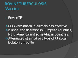 BovineTB
BCG vaccination in animals less effective.
Isunder consideration in Europeancountries,
NorthAmericaand someAfrican countries.
Attenuated strain of wild type of M. bovis
isolate fromcattle
15
 