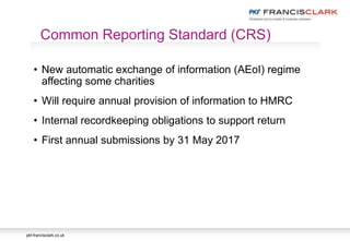 pkf-francisclark.co.uk
• New automatic exchange of information (AEoI) regime
affecting some charities
• Will require annual provision of information to HMRC
• Internal recordkeeping obligations to support return
• First annual submissions by 31 May 2017
Common Reporting Standard (CRS)
 