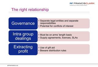 pkf-francisclark.co.uk
• Separate legal entities and separate
responsibilities
• Potential for conflicts of interest
Governance
• Must be on arms’ length basis
• Supply agreements, licences, SLAs
Intra group
dealings
• Use of gift aid
• Beware distribution rules
Extracting
profit
The right relationship
 