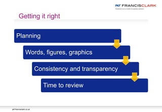 pkf-francisclark.co.uk
Planning
Words, figures, graphics
Consistency and transparency
Time to review
Getting it right
 