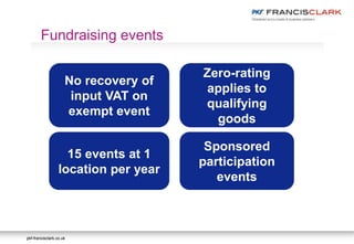 pkf-francisclark.co.ukpkf-francisclark.co.uk
Fundraising events
No recovery of
input VAT on
exempt event
15 events at 1
location per year
Sponsored
participation
events
Zero-rating
applies to
qualifying
goods
 