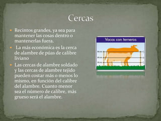  Recintos grandes, ya sea para
mantener las cosas dentro o
mantenerlas fuera.
 La más económica es la cerca
de alambre de púas de calibre
liviano
 Las cercas de alambre soldado
y las cercas de alambre tejido
pueden costar más o menos lo
mismo, en función del calibre
del alambre. Cuanto menor
sea el número de calibre, más
grueso será el alambre.
 