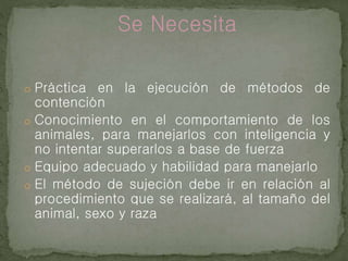 Se Necesita
o Práctica en la ejecución de métodos de
contención
o Conocimiento en el comportamiento de los
animales, para manejarlos con inteligencia y
no intentar superarlos a base de fuerza
o Equipo adecuado y habilidad para manejarlo
o El método de sujeción debe ir en relación al
procedimiento que se realizará, al tamaño del
animal, sexo y raza
 