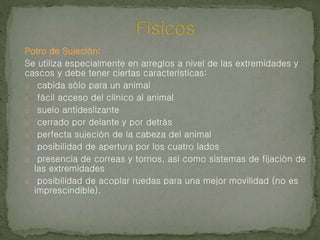 Potro de Sujeción:
Se utiliza especialmente en arreglos a nivel de las extremidades y
cascos y debe tener ciertas características:
o cabida sólo para un animal
o fácil acceso del clínico al animal
o suelo antideslizante
o cerrado por delante y por detrás
o perfecta sujeción de la cabeza del animal
o posibilidad de apertura por los cuatro lados
o presencia de correas y tornos, así como sistemas de fijación de
las extremidades
o posibilidad de acoplar ruedas para una mejor movilidad (no es
imprescindible).
 