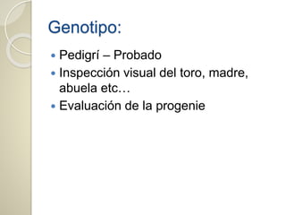 Genotipo:
 Pedigrí – Probado
 Inspección visual del toro, madre,
abuela etc…
 Evaluación de la progenie
 