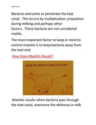 [Type here]
Bacteria overcome or penetrate the teat
canal. This occurs by multiplication, propulsion
during milking and perhaps other
factors. These bacteria are not considered
motile.
The most important factor to keep in mind to
control mastitis is to keep bacteria away from
the teat end.
How Does Mastitis Result?
Mastitis results when bacteria pass through
the teat canal, overcome the defenses in milk
 