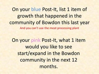 On your blue Post-It, list 1 item of
growth that happened in the
community of Bowdon this last year
And you can’t use the meat processing plant
On your pink Post-It, what 1 item
would you like to see
start/expand in the Bowdon
community in the next 12
months.
 