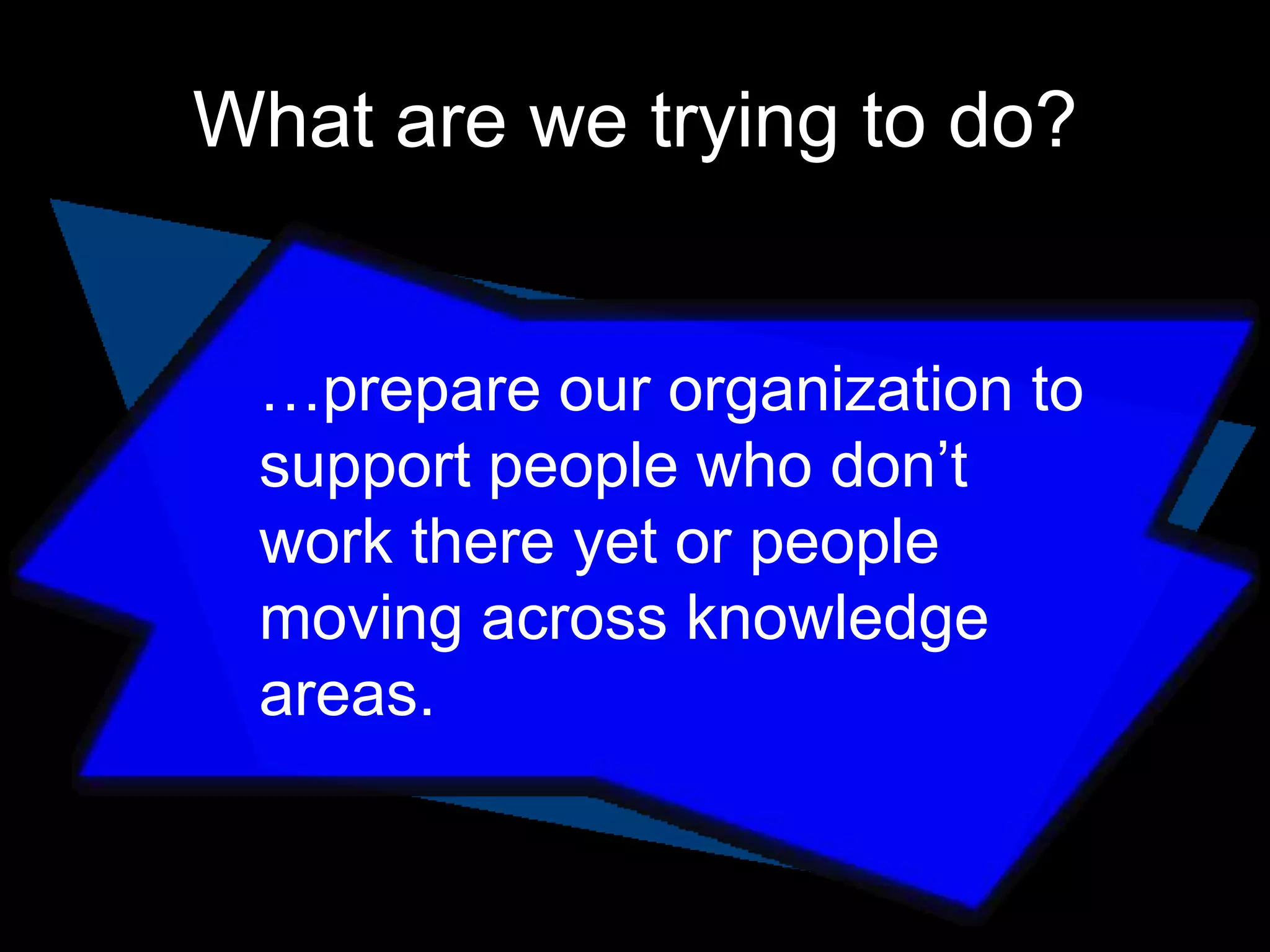 What are we trying to do?
…prepare our organization to
support people who don’t
work there yet or people
moving across knowledge
areas.

 