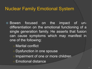 Nuclear Family Emotional System 
 Bowen focused on the impact of un-differentiation 
on the emotional functioning of a 
single generation family. He asserts that fusion 
can cause symptoms which may manifest in 
one of the following: 
○ Marital conflict 
○ Dysfunction in one spouse 
○ lmpairment of one or more children 
○ Emotional distance 
15 
 