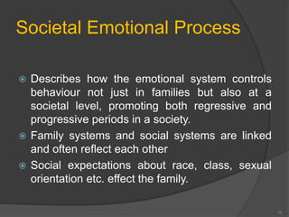Societal Emotional Process 
 Describes how the emotional system controls 
behaviour not just in families but also at a 
societal level, promoting both regressive and 
progressive periods in a society. 
 Family systems and social systems are linked 
and often reflect each other 
 Social expectations about race, class, sexual 
orientation etc. effect the family. 
18 
 