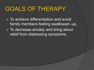 GOALS OF THERAPY 
 To achieve differentiation and avoid 
family members feeling swallowed -up. 
 To decrease anxiety and bring about 
relief from distressing symptoms. 
19 
 