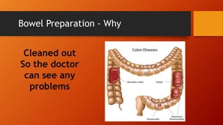 Bowel Preparation - Why

Cleaned out
So the doctor
can see any
problems

 